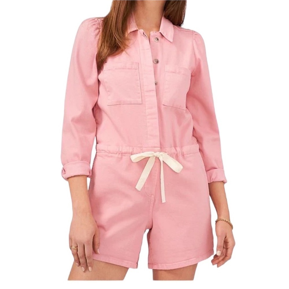 1State Cotton L/S Drawstring Waist Romper in Pink Size Small—worn 2X